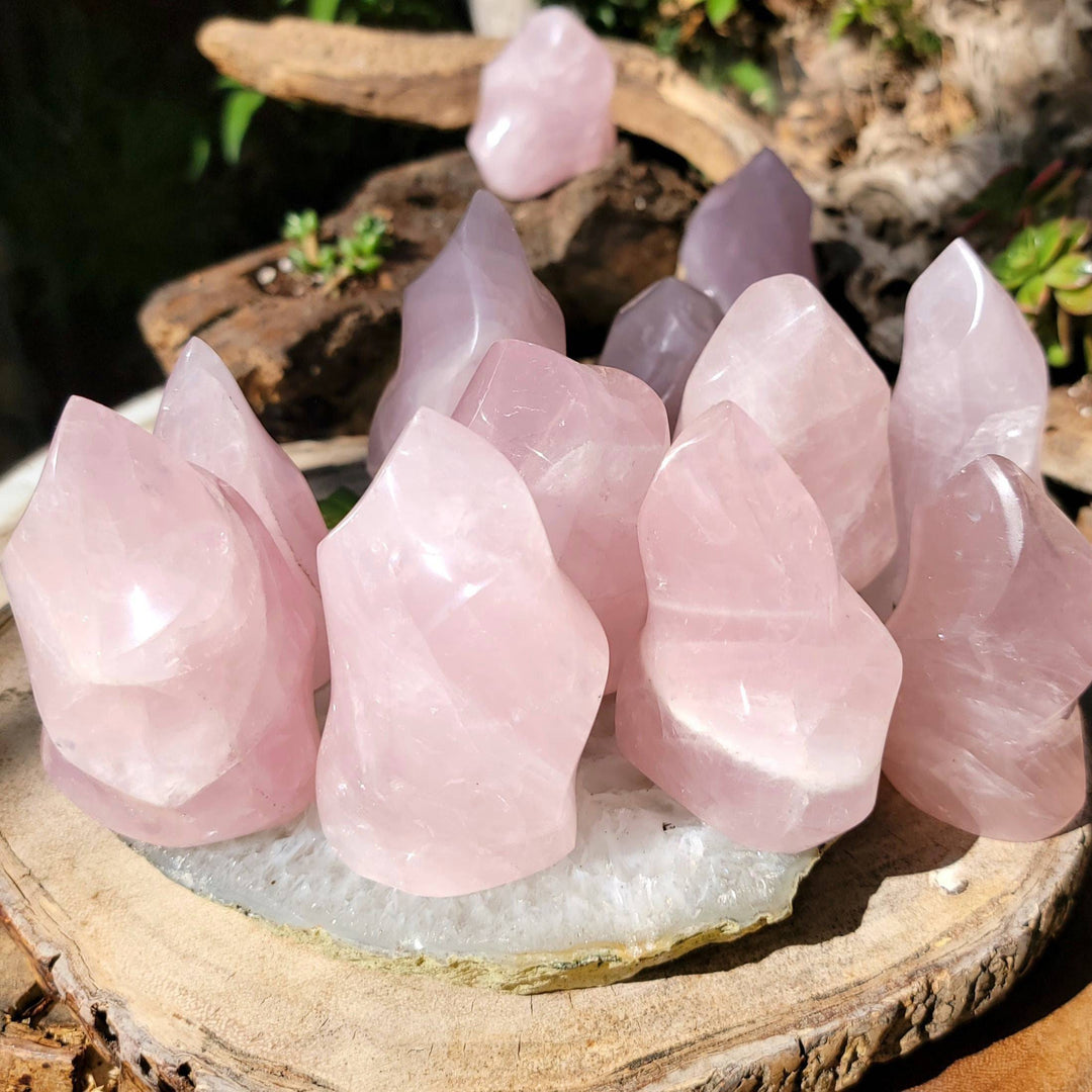 Rose Quartz Flames, Polished Rose Quartz Ina a Flame, Rose Quartz Polished Flames - SOUTHBAYSALTS