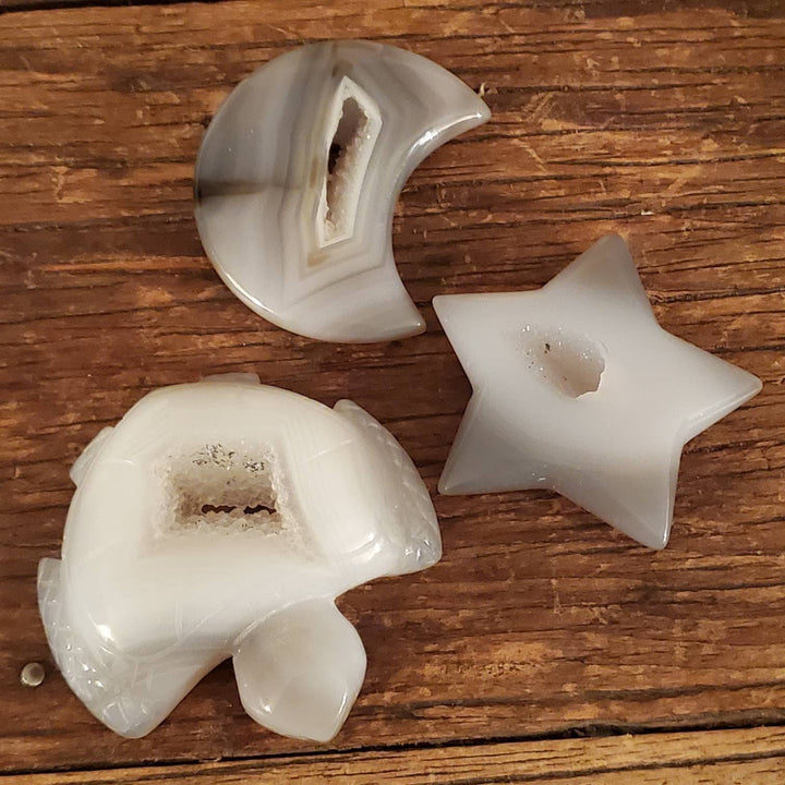 Gray Agate Polished Turtles, Crescent Moons and Stars with Gray Druzy, Polished Variety of Stars, Crescent Moons and Turtles - SOUTHBAYSALTS 