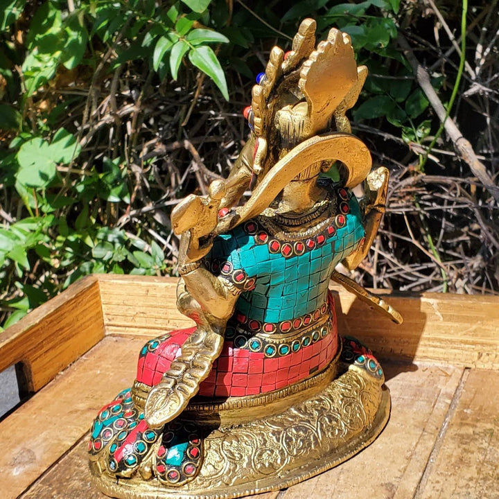 Lord Ganesha Statue with hand cut gemstones, Remover of Obstacles Statue, Lord Ganesh Statue with Hand cut Coral, Lapis Lazuli and Turquoise - SOUTHBAYSALTS 