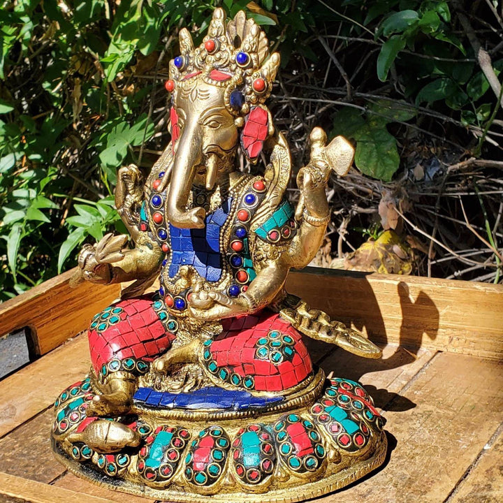 Lord Ganesha Statue with hand cut gemstones, Remover of Obstacles Statue, Lord Ganesh Statue with Hand cut Coral, Lapis Lazuli and Turquoise - SOUTHBAYSALTS 
